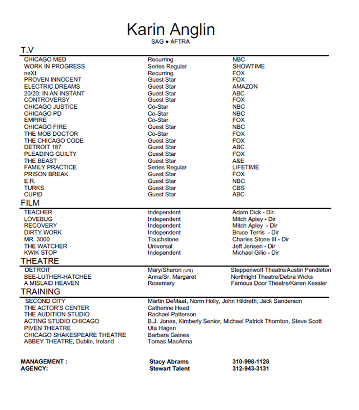 Karin Anglin theatrical resume